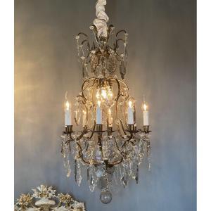 Rococo Style Brass And Crystal Chandelier