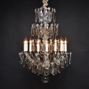 19th Century Silvered Bronze Chandelier With Baccarat Crystals, Louis XV Style