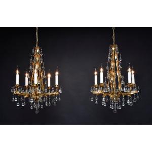  Pair Of 20th Century Italian Gilt Chandeliers With Glass Drops