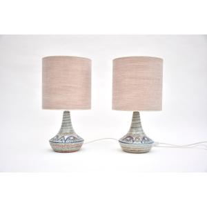 A Pair Of Danish Mid-century  Ceramic Glazed Table Lamps In Light Blue/green Shades
