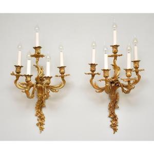 Large Pair Of Ormolu Sconces In The Louis XV Style, Circa 1850