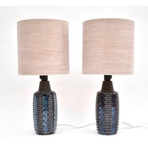 Pair Of Mid-century Blue Ceramic Table Lamps, Signed Einar Johansen