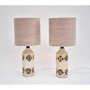 Pair Of Mid-century Ceramic White Table Lamps, Signed