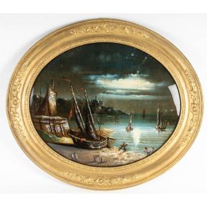 Seascape, Moonlight - Under Glass, Louis-philippe Period, Circa 1840.