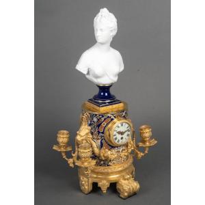 Cloisonné Enamel And Bisque Porcelain Clock With The Bust Of Diana, After Houdon