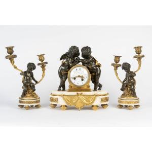 Neo-louis XVI Style Marble And Bronze Fireplace Set With A Cupid And Venus Motif.