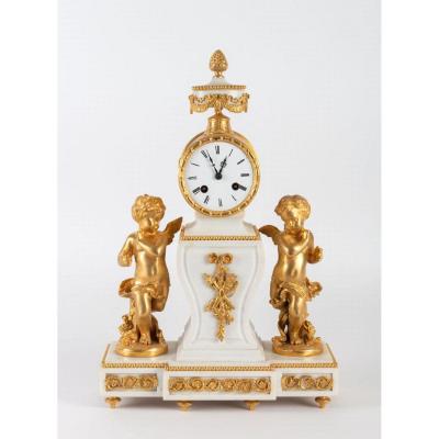 Louis XVI Style Bollard Clock In White Marble And Gilt Bronze