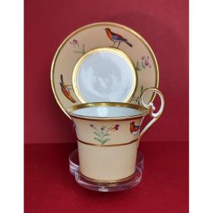 Manufacture De Dagoty - Cup And Its Saucer With Bird Decor - Empire Period - Marked