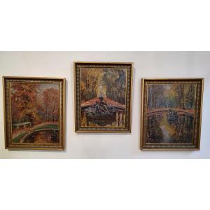 Three Oils On Canvas “the Gardens Of Versailles” By Lucie Ranvier Chartier 1867/1932