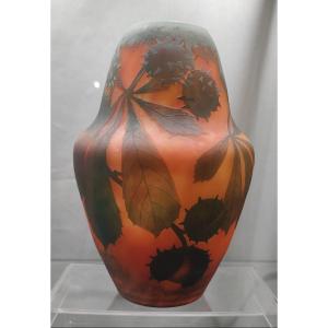 Daum Nancy - Vase With Acid-erased Decor Of Chestnut Leaves And Fruits.