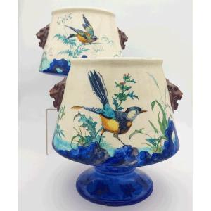 Sèvres - 19th Century - Charles Ficquenet - Pair Of Flower Vases With Naturalist Bird Decor.