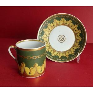 Paris - Empire Period - Cup And Saucer With Green Background And Leaf Decor.
