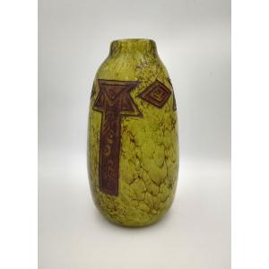 Ets Legras - "duquesne" Vase With Green Marbled Background And Art Deco Decoration