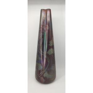 Delphin Massier (1836-1907) - Valauris - Tall Iridescent Vase With Floral Decoration