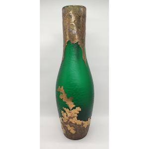 Legras - Important "imperial Green" Vase With Gilt Decoration Of Foliage And Acorns