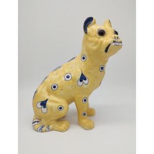 émile Gallé (1846-1904) - Fine Earthenware Bulldog With Decoration On A Yellow Background.