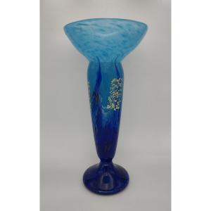 Daum Nancy - Circa 1925 - Tall Vase Decorated With Blue Jade Glass 