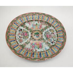 Cantonese China - Oval Dish Decorated With Lively Scenes Of Figures And Flowers