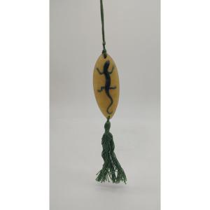 Amalric Walter (1870-1959) -shuttle Pendant Decorated With A Green Lizard On A Yellow Backgroud