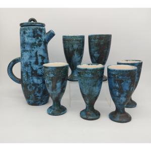 Jacques Blin (1920-1996) - Covered Ewer With Six Mazagrans With Engraved Bird Decoration.