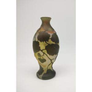 Legras - Early 20th Century - Vase With Acid-etched Decoration Of Poplar Leaves And Catkins