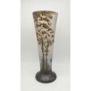 Muller Frères- Luneville - Tall Vase With Lakeside Scene Decoration.