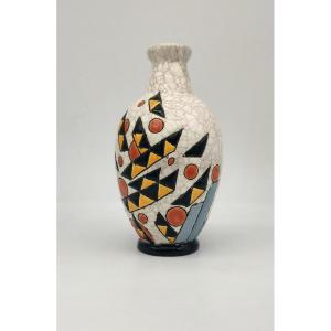 Charles Catteau (1880- 1966) For Keramis - Vase With Yellow, Black And Orange Geometric Decoration.