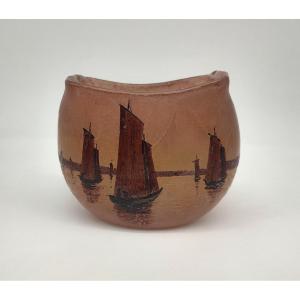 Legras - Vase With Enameled Decoration Of Sailboats.