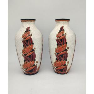 Boch La Louviere - Charles Catteau (1880-1966) - Pair Of Vases Decorated With Stylized Flowers