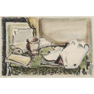 Jean Cluseau-lanauve (1914-1997) Still Life With Parchments Lithograph Périgord