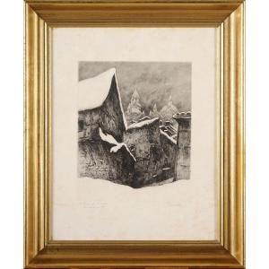 Julien Saraben (1892-1979) Saint Front Under The Snow Périgueux Dordogne Engraving