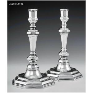 Nicolas Grebeude : Rare Pair Of 18th Century Sterling Silver Candlesticks Paris 1729