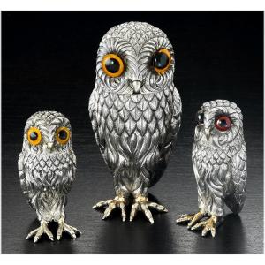 Rare French Sterling Silver Owl Form Condiment Set - Mustard Pot, Salt Cellar, Pepper Shaker