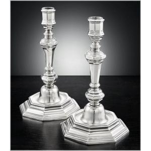 Jean Beaucaire : Rare Pair Of Solid Silver Candlesticks, 18th Century, Metz, 1747-48