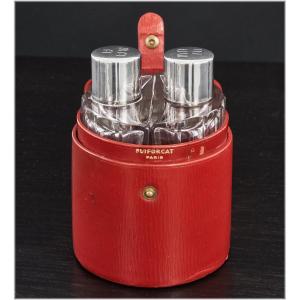 Puiforcat: Solid Silver Crystal Perfume Set, Original Leather Case