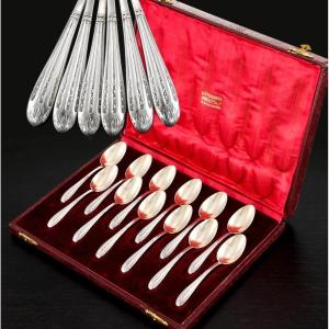 Leverrier : Boxed Set Of 12 Sterling Silver & Vermeil Spoons Art Nouveau