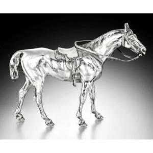Solid Silver Sculpture / Statue Of A Saddled Horse