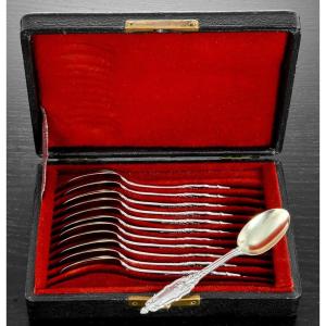 Puiforcat: Set Of 12 Sterling Silver Vermeil Spoons, Acanthe Pattern
