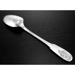 Hugot: Rare Solid Silver Stewing Spoon With Coat Of Arms Perpignan 1776-77