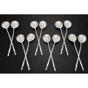 Set Of 12 Russian Solid Silver And Vermeil Spoons Moscow 1880