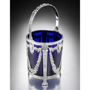 Solid Silver And Blue Crystal Ice Bucket In The Louis XVI Style "ram's Heads"
