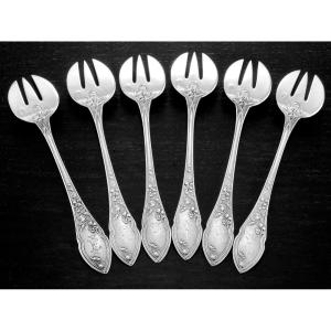 Devaux : Set Of 6 Art Nouveau Sterling Silver Oyster Forks, Violets Of The Woods