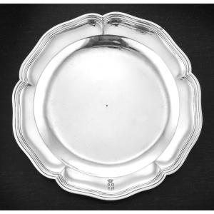Rare Round Solid Silver Platter, 18th Century, Louis XV Period, With The Coat Of Arms Of The Count Of Paris, 1767