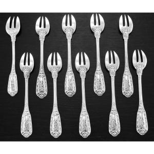 Henri Soufflot: Rare Sterling  Silver Oyster Fork Service With Mascarons