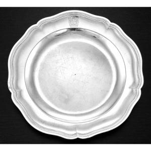 Claude-pierre Deville: Round Solid Silver Platter, 18th Century, Paris 1774, Coat Of Arms