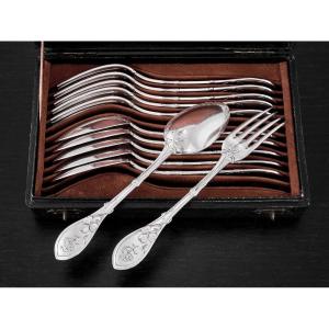Maillard : 6 Large Art Nouveau Sterling Silver Flatware Sets, Clover Pattern
