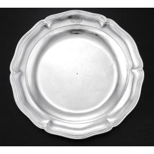 Baube: Large 18th Century Solid Silver Platter With The Coat Of Arms Of Tours, 1742