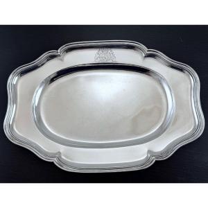 Laurent Detombe: Oval Solid Silver Platter, 18th Century, Tournai, 1777, Coat Of Arms