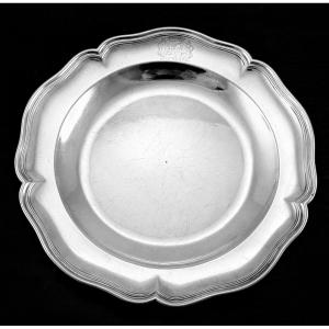 Hannier: Large Round Solid Silver Platter, 18th Century, Paris 1746, Coat Of Arms