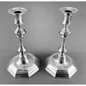Sibert: Pair Of Solid Silver Flambeaux Aix 1746 Decorated With Mascarons Armoiries